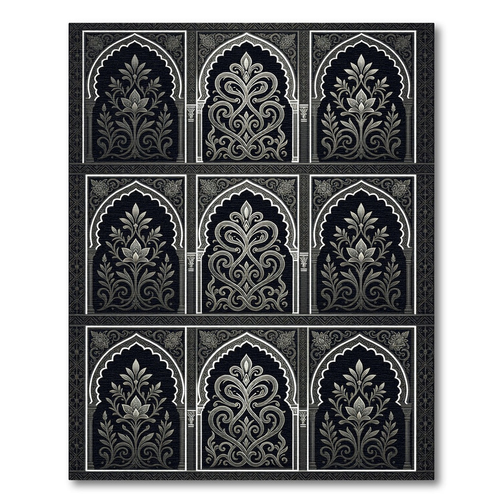 Intricate Black White Archway Floral Rug