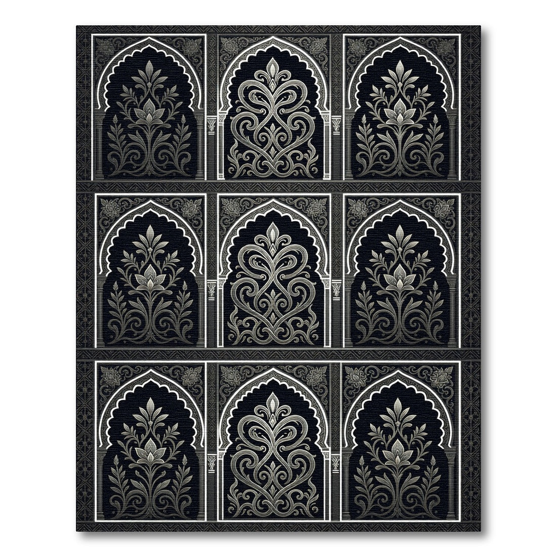 Intricate Black White Archway Floral Rug