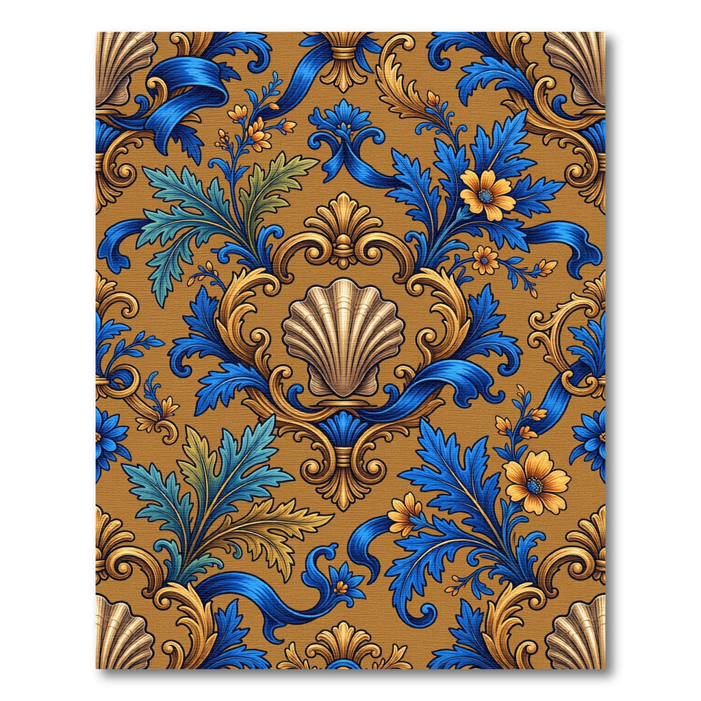 Blue and Gold Ornate Shell Scroll Rug