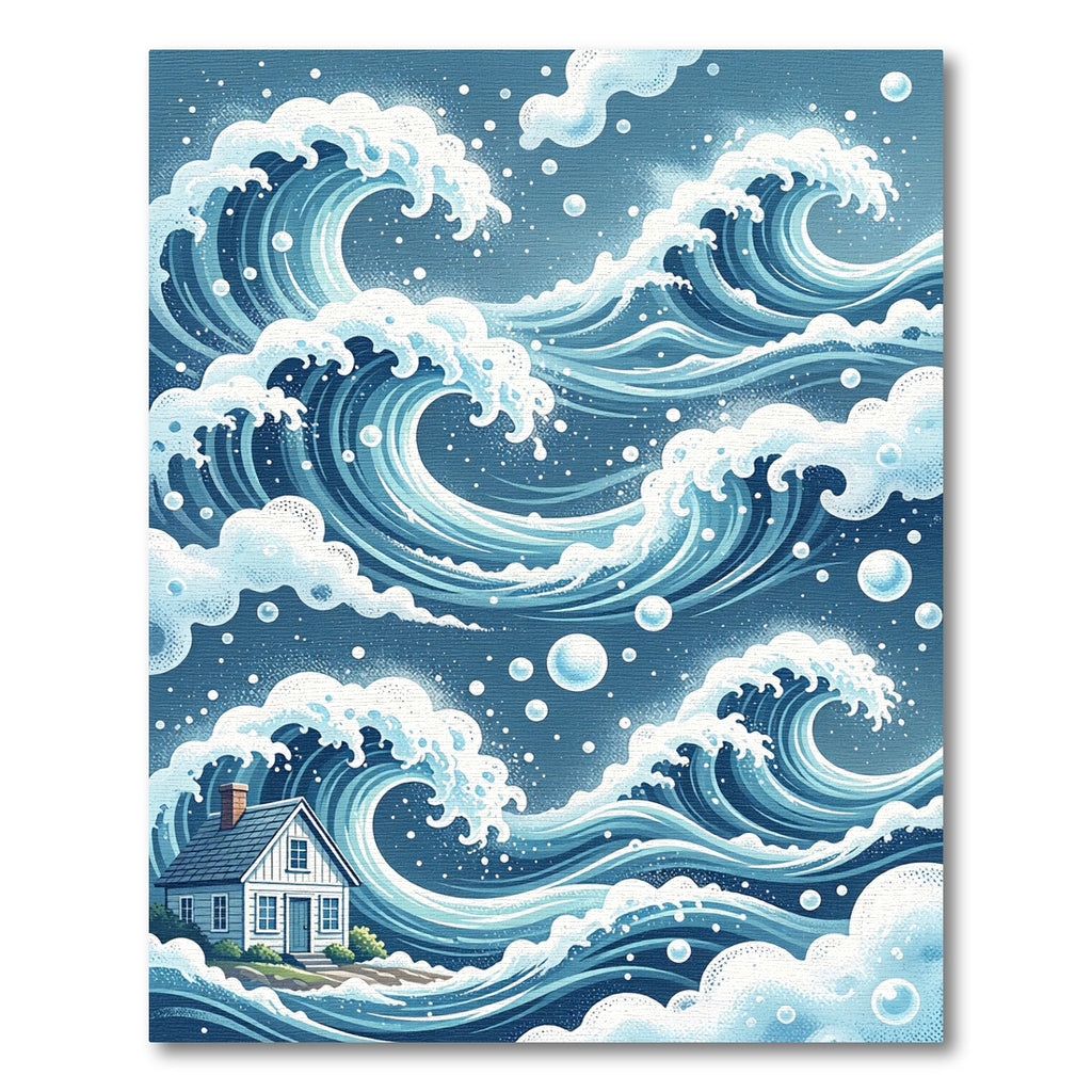 Japanese Indigo Wave House Illustration Rug