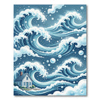 Japanese Indigo Wave House Illustration Rug