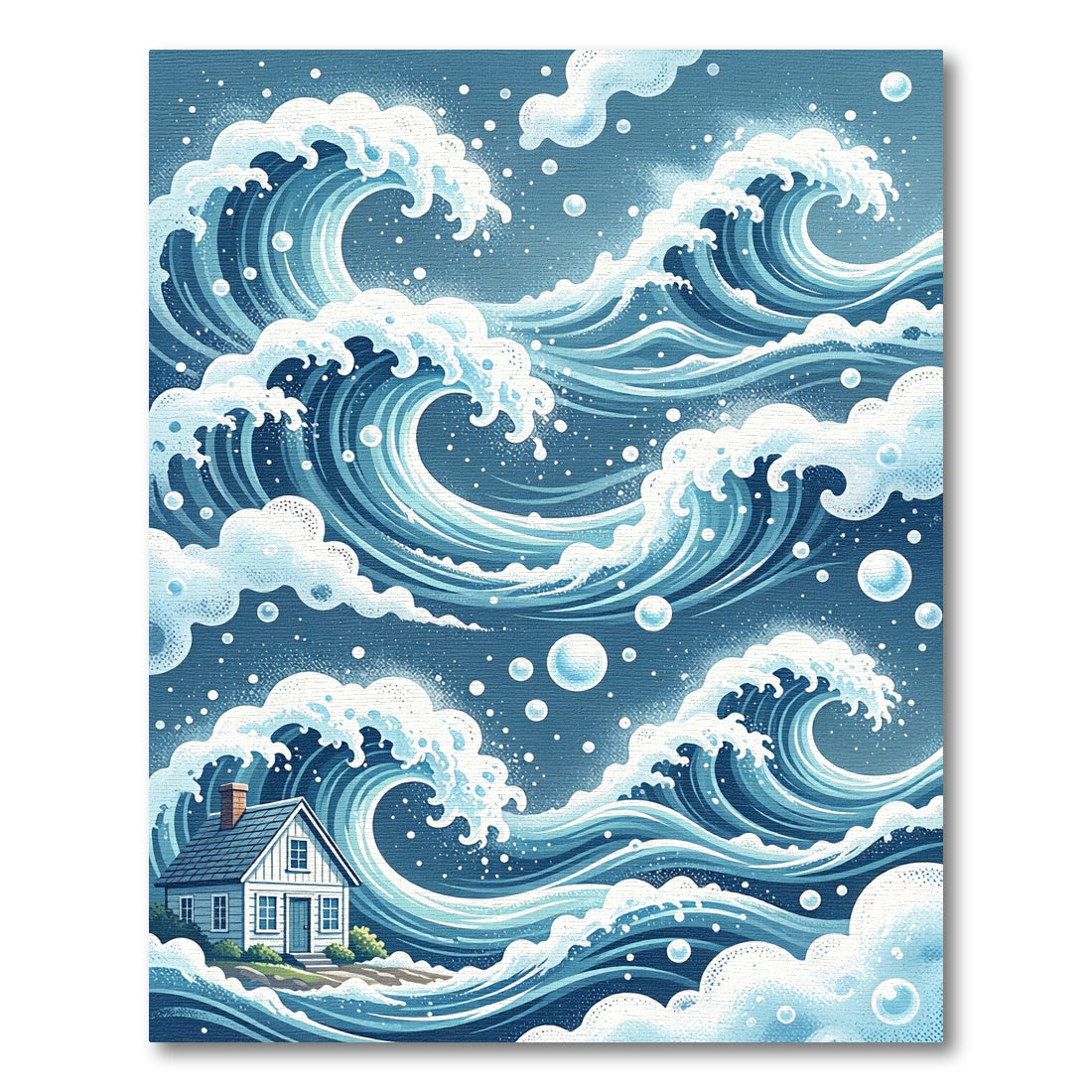 Japanese Indigo Wave House Illustration Rug
