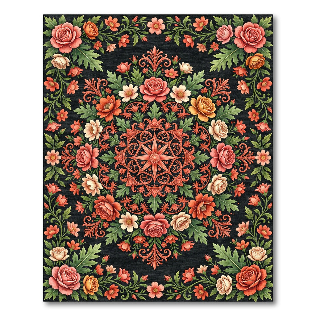 Ornate Floral Medallion Rose Garden Rug