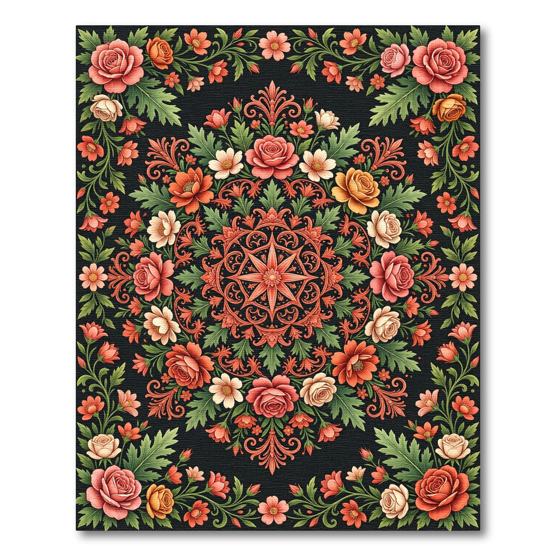Ornate Floral Medallion Rose Garden Rug