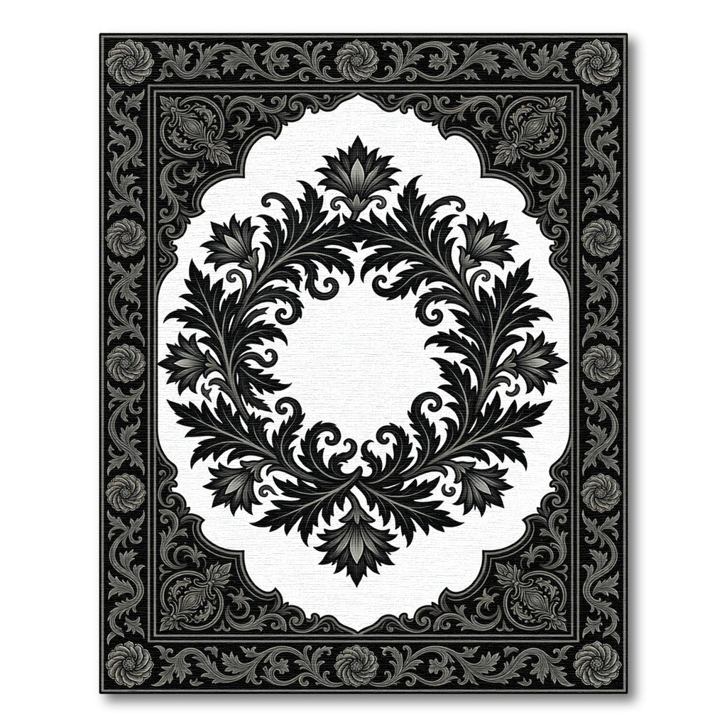 Ornate Black and White Floral Scroll Rug