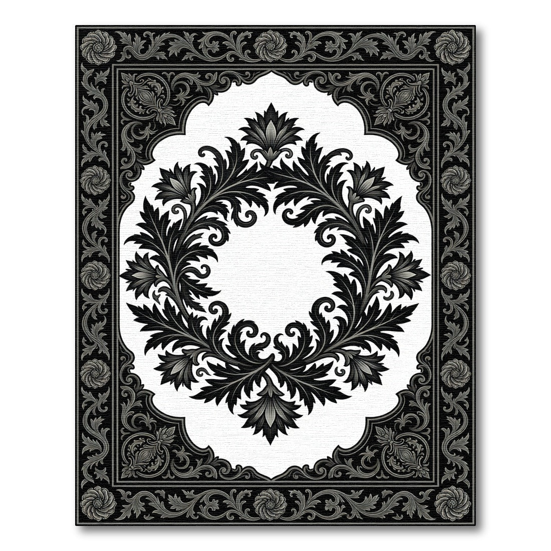 Ornate Black and White Floral Scroll Rug