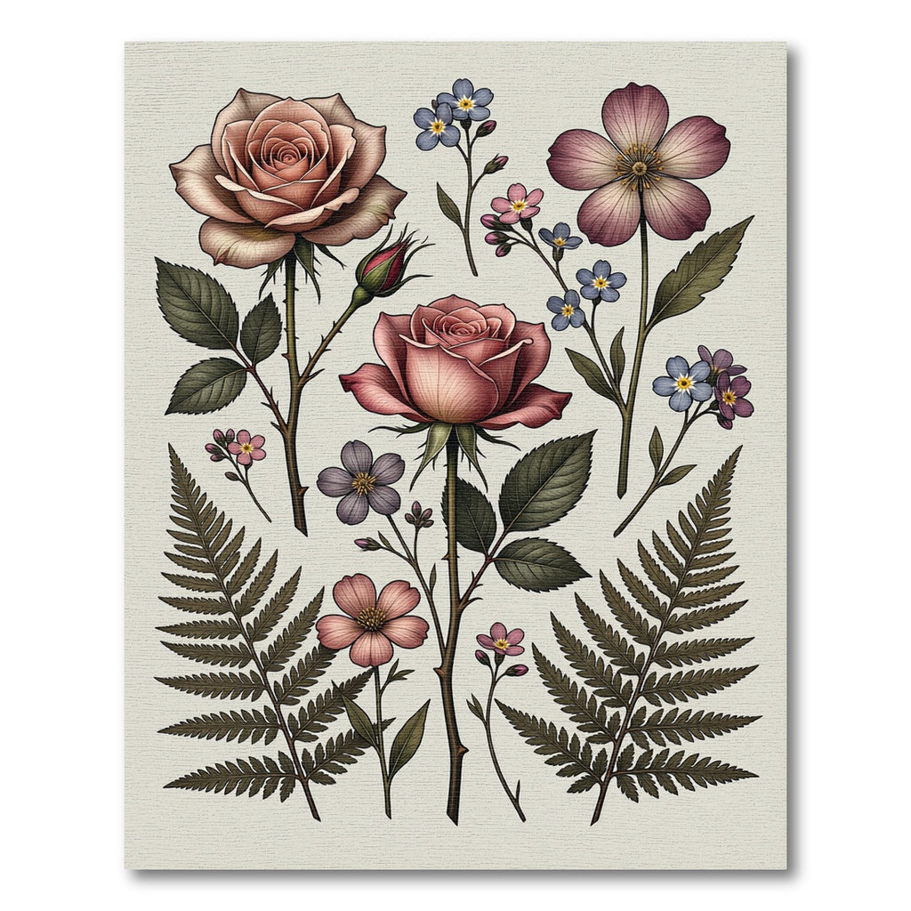 Vintage Rose Botanical Fern Collage Rug