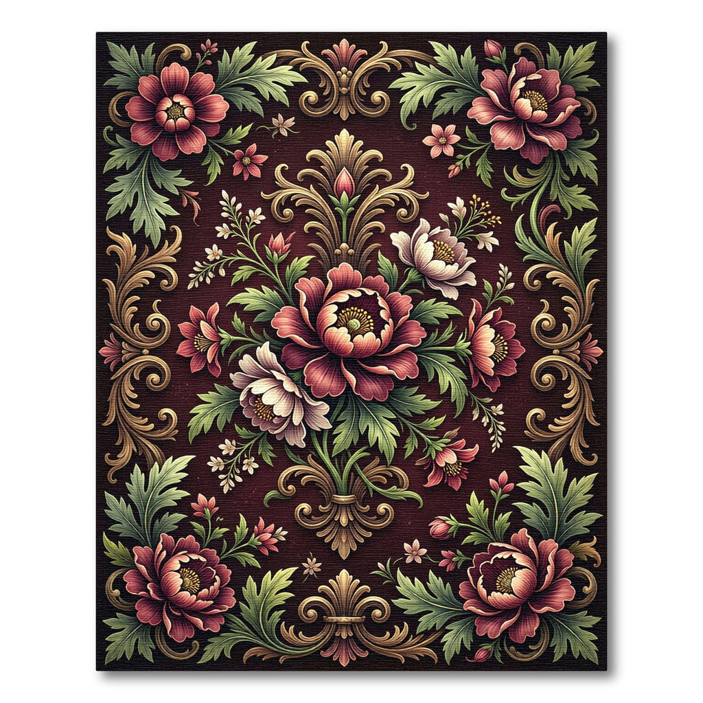 Elegant Burgundy Floral Damask Tapestry Rug