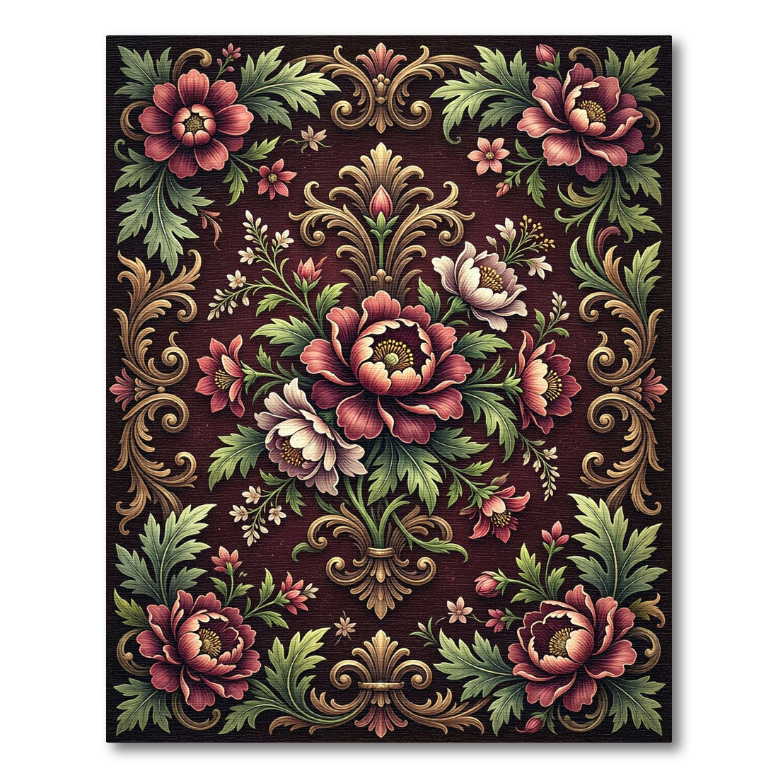 Elegant Burgundy Floral Damask Tapestry Rug