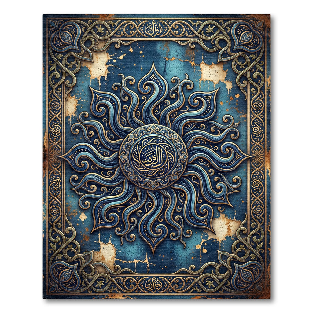 Celestial Blue Gold Ornate Mandala Art Rug