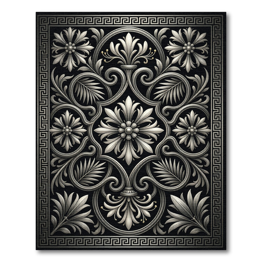 Elegant Silver Greyscale Neoclassical Acanthus Rug