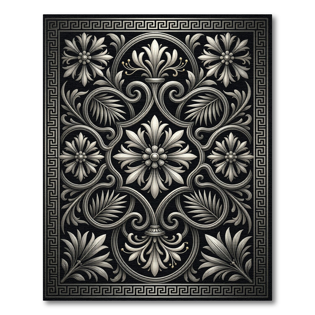 Elegant Silver Greyscale Neoclassical Acanthus Rug