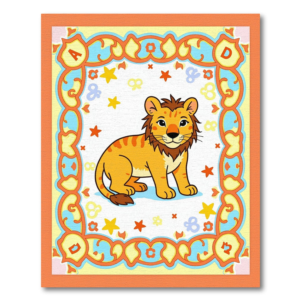 Orange Bordered Lion Cub Playful Stars Rug