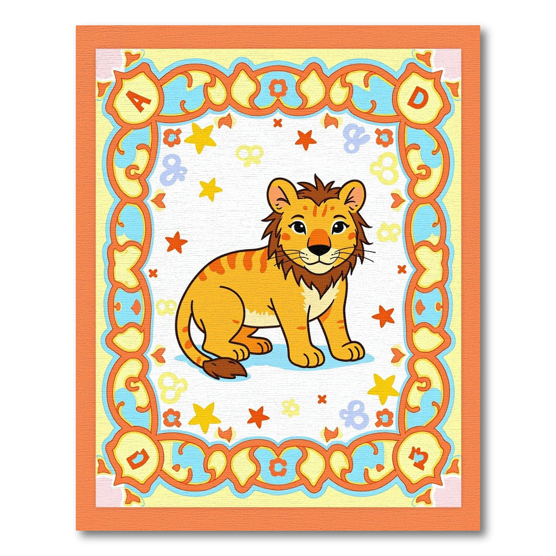 Orange Bordered Lion Cub Playful Stars Rug