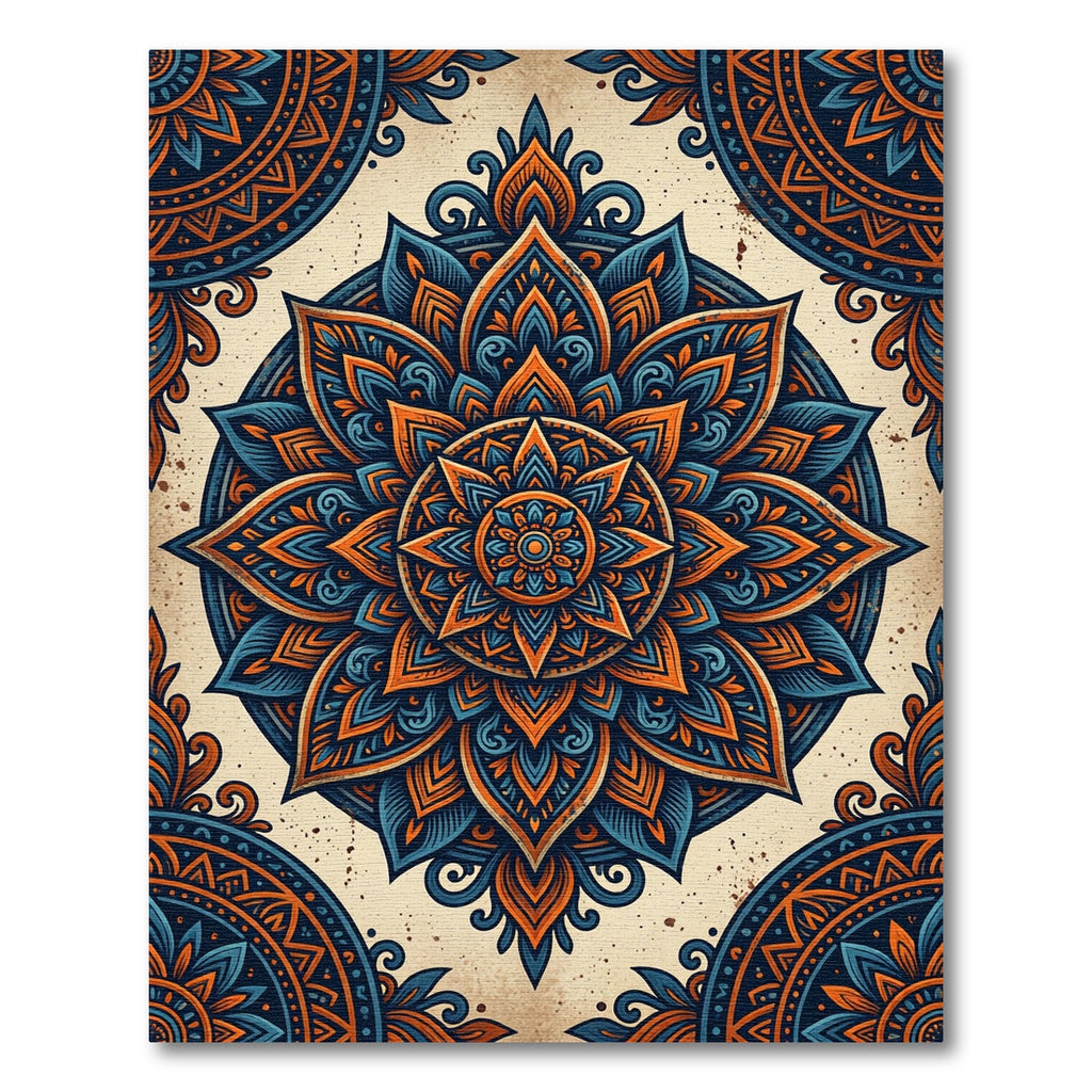 Ornate Indigo and Burnt Orange Mandala Rug
