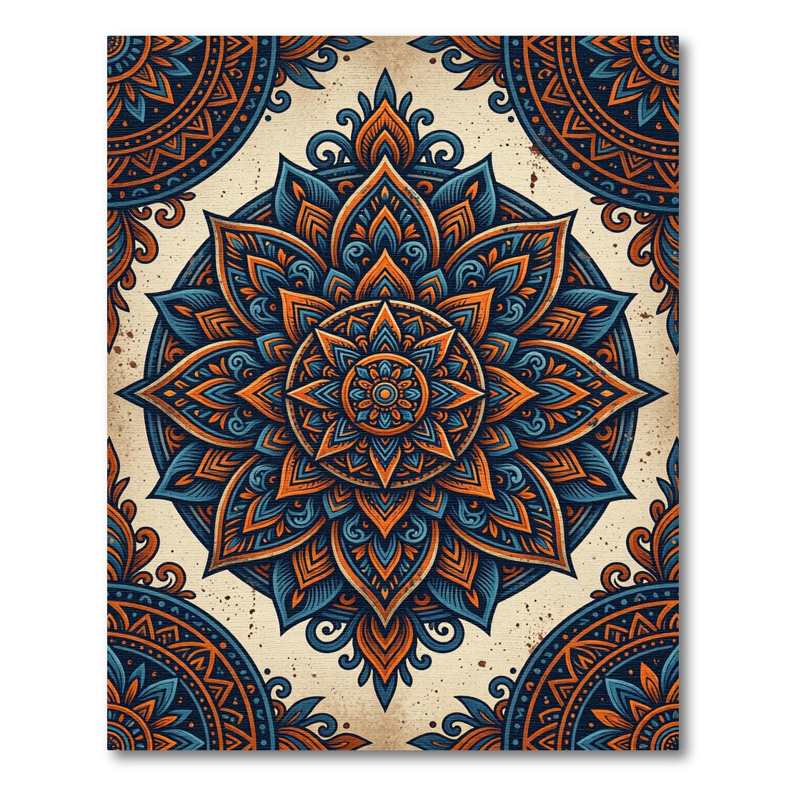 Ornate Indigo and Burnt Orange Mandala Rug