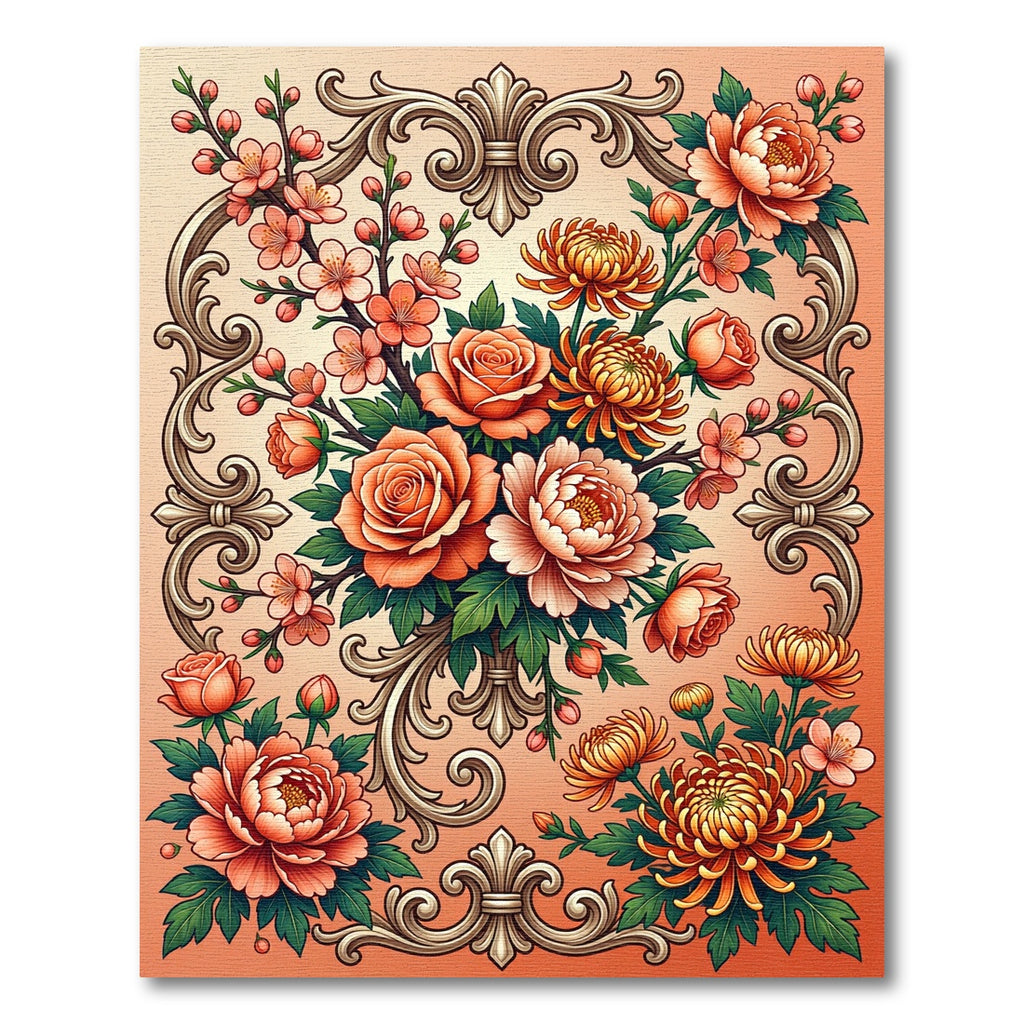 Elegant Coral Floral Baroque Bouquet Rug