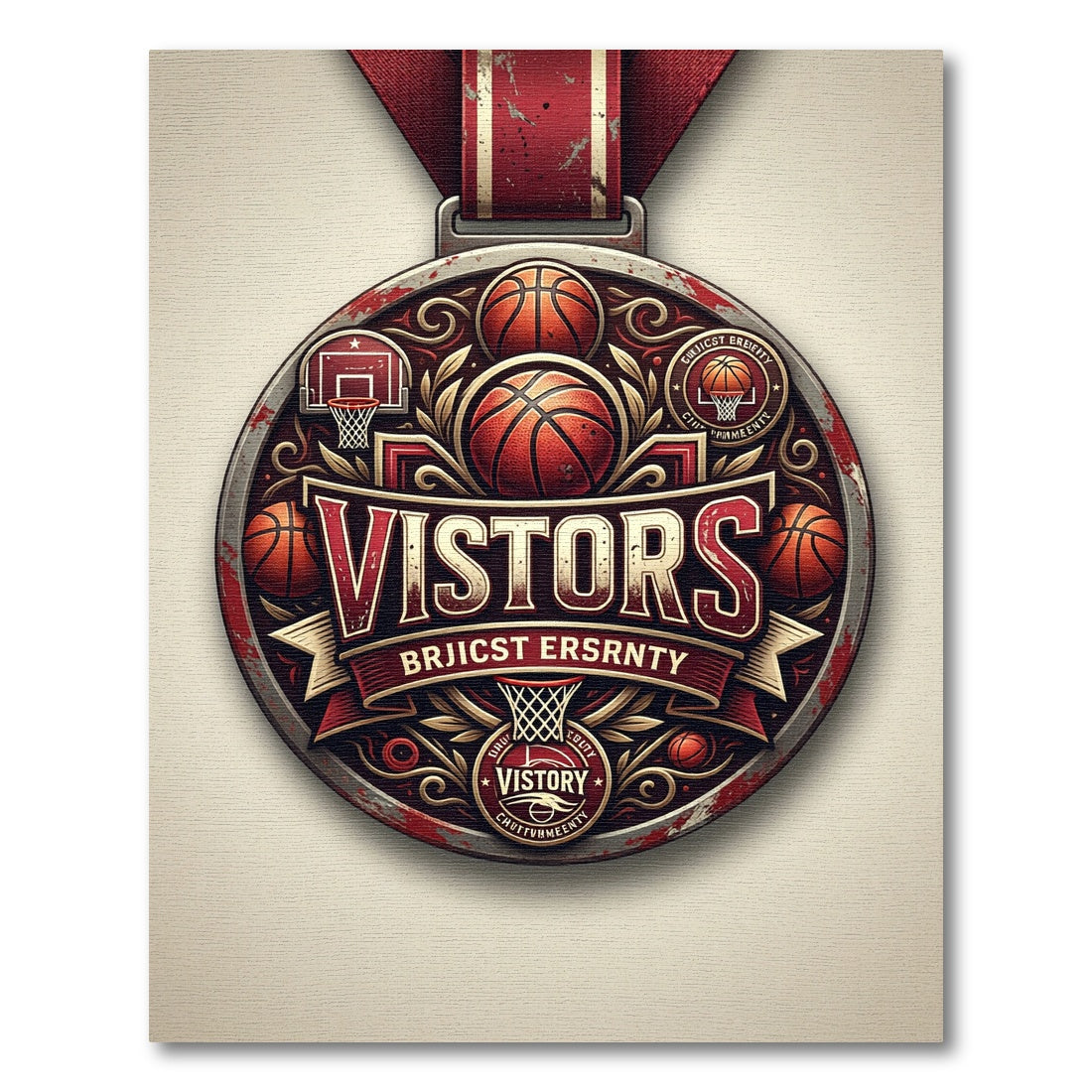 Vintage Crimson Basketball Medal Emblem Rug