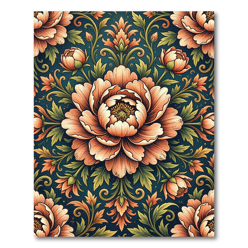 Elegant Peach Peony Floral Damask Rug