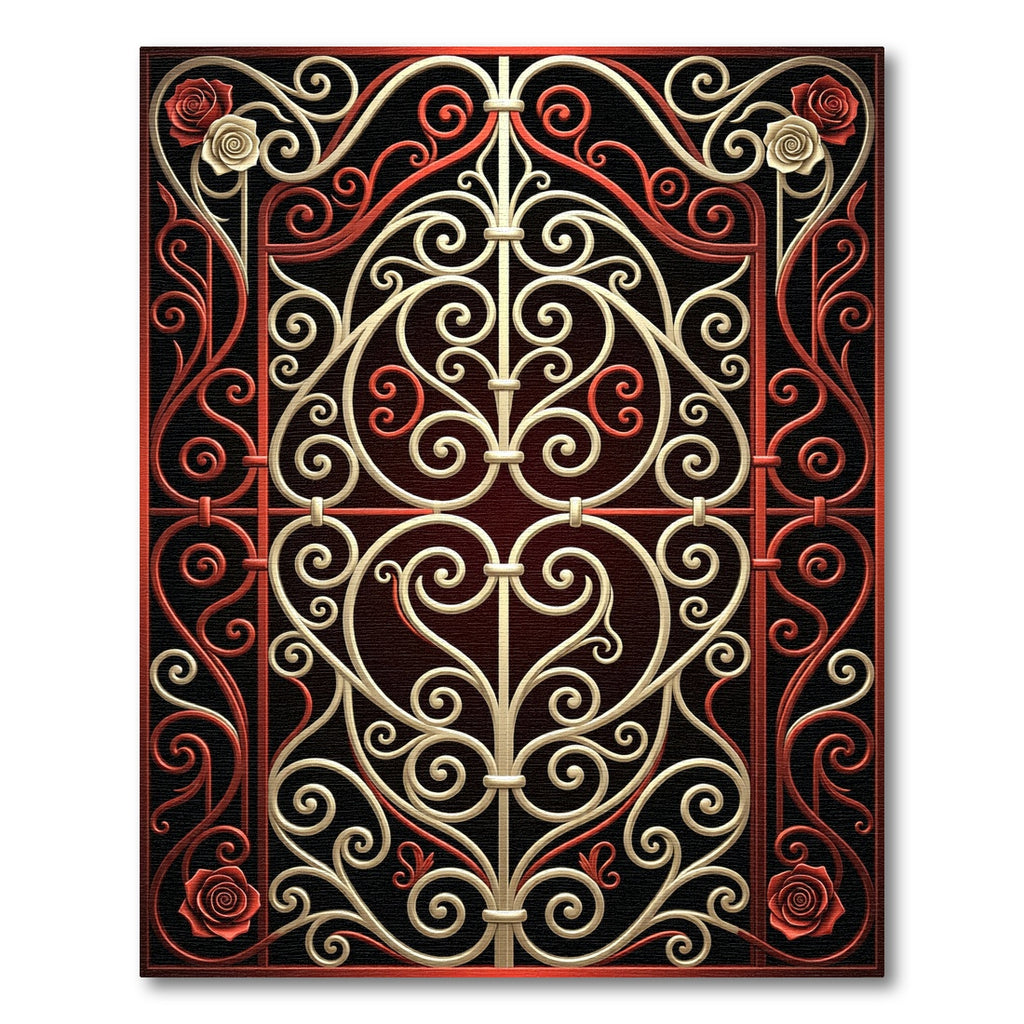 Red Cream Scrollwork Rose Garden Gate Rug