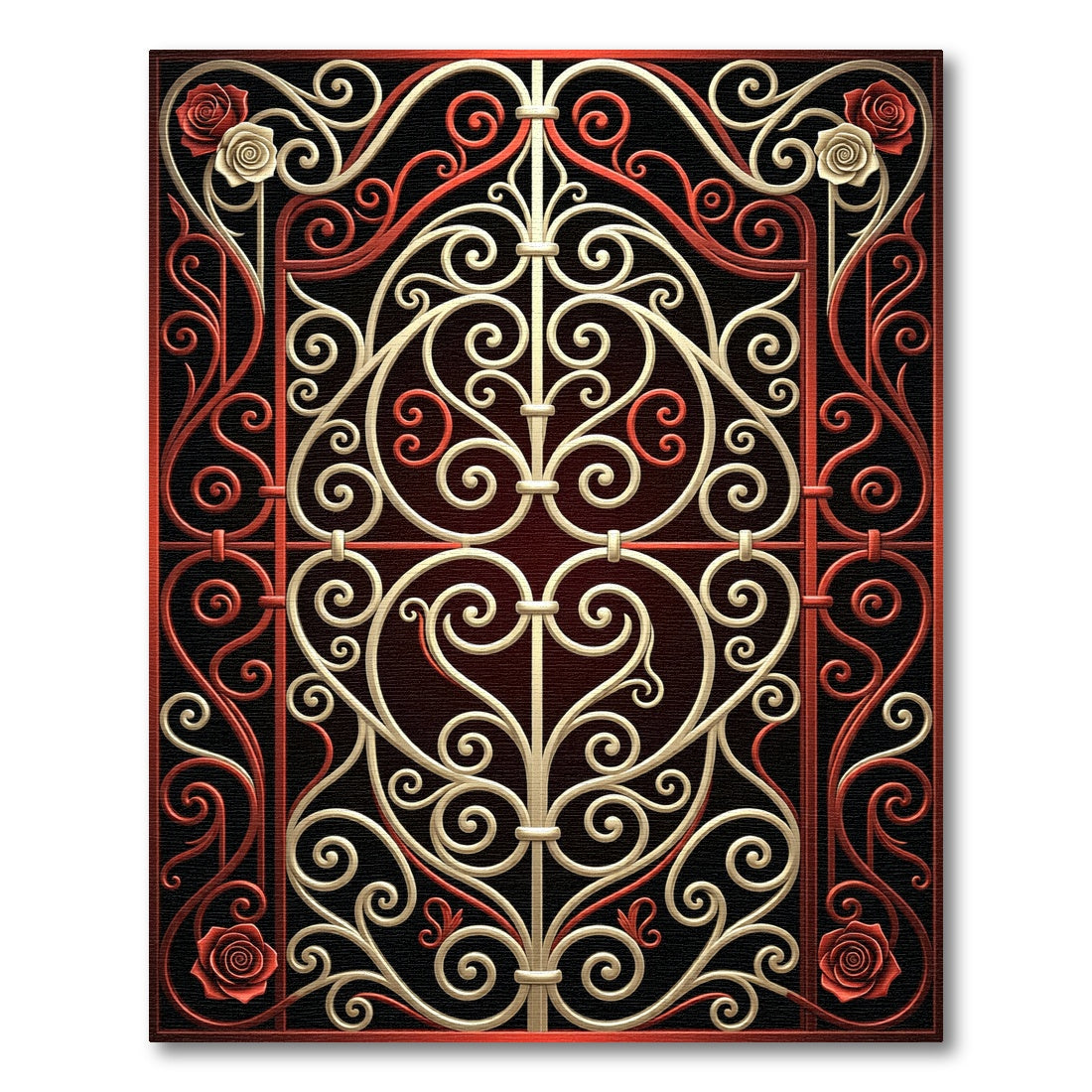 Red Cream Scrollwork Rose Garden Gate Rug