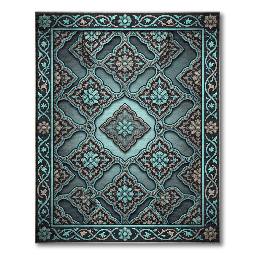 Ornate Teal Floral Arabesque Overlay Rug