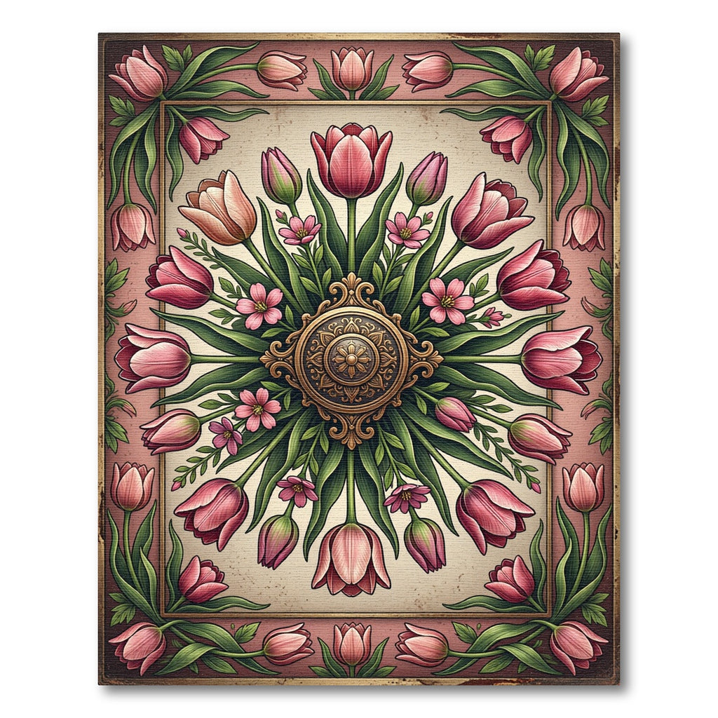 Vintage Rose Tulip Floral Medallion Rug