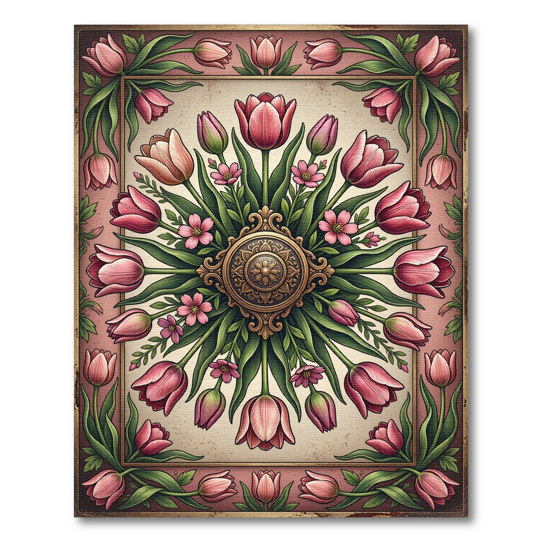Vintage Rose Tulip Floral Medallion Rug