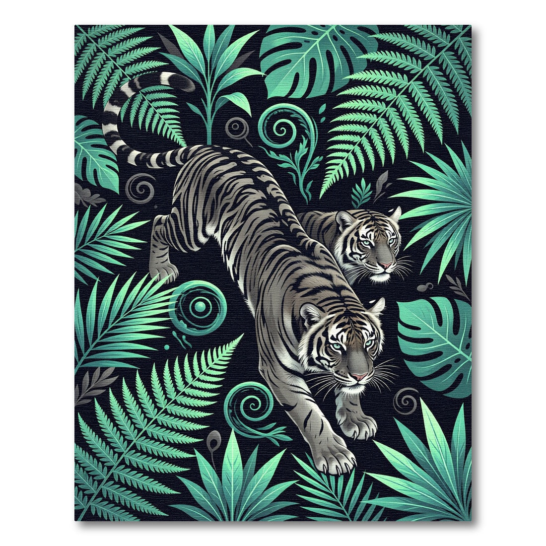 Jungle Tigers Lush Green Ferns Rug