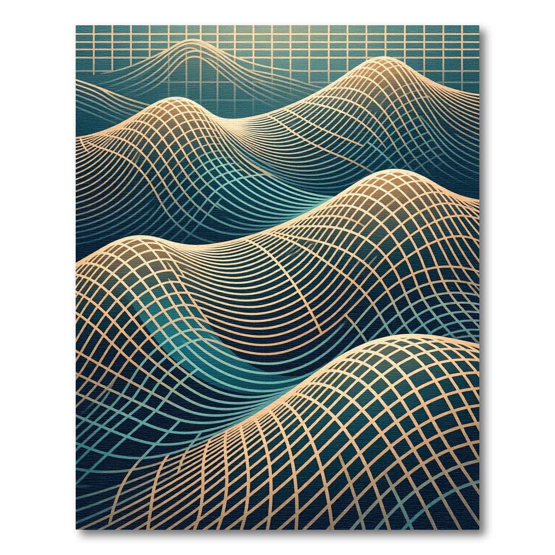 Golden Grid Wave Abstract Teal Rug