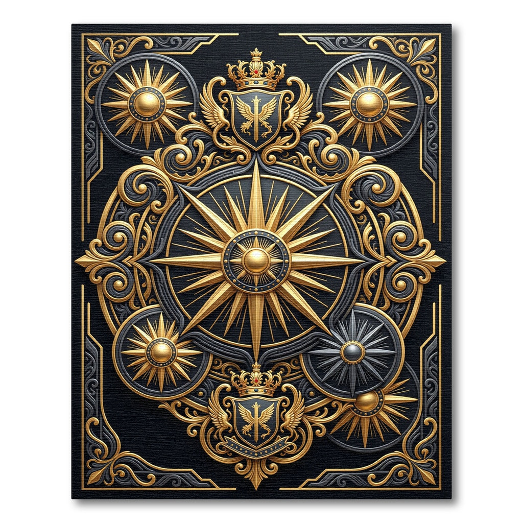 Golden Celestial Emblem Baroque Black Rug