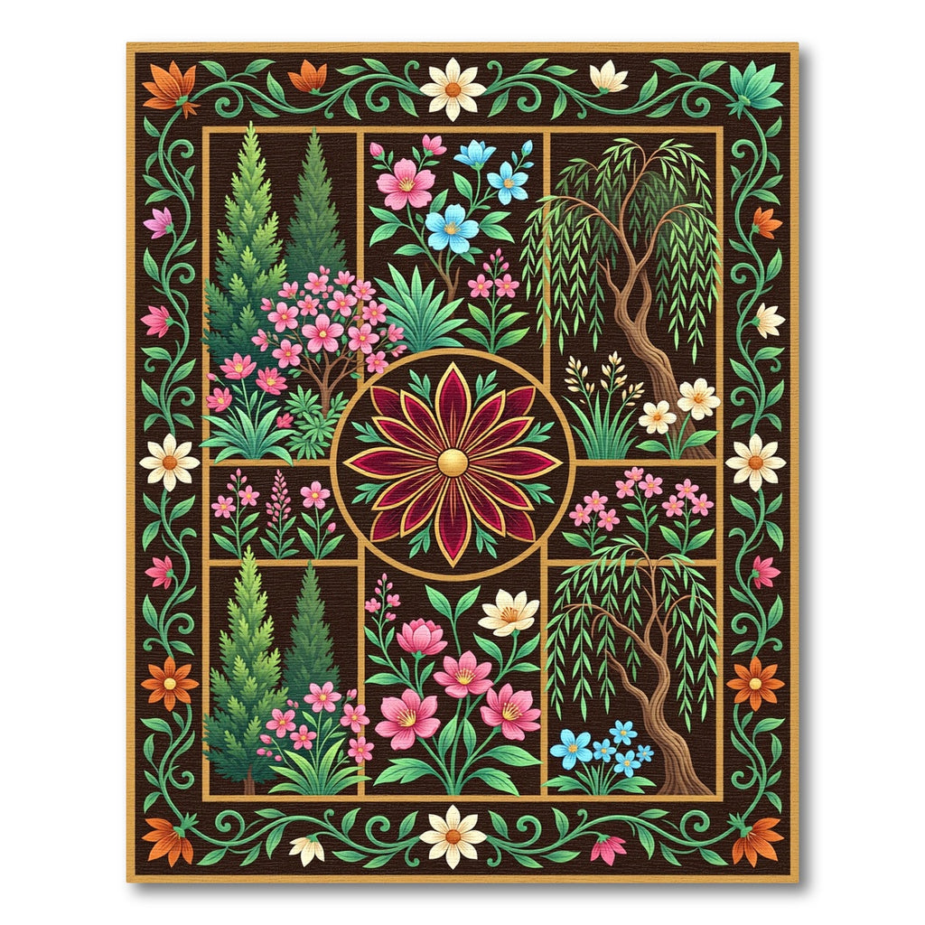 Earthy Botanical Medallion Garden Tile Rug