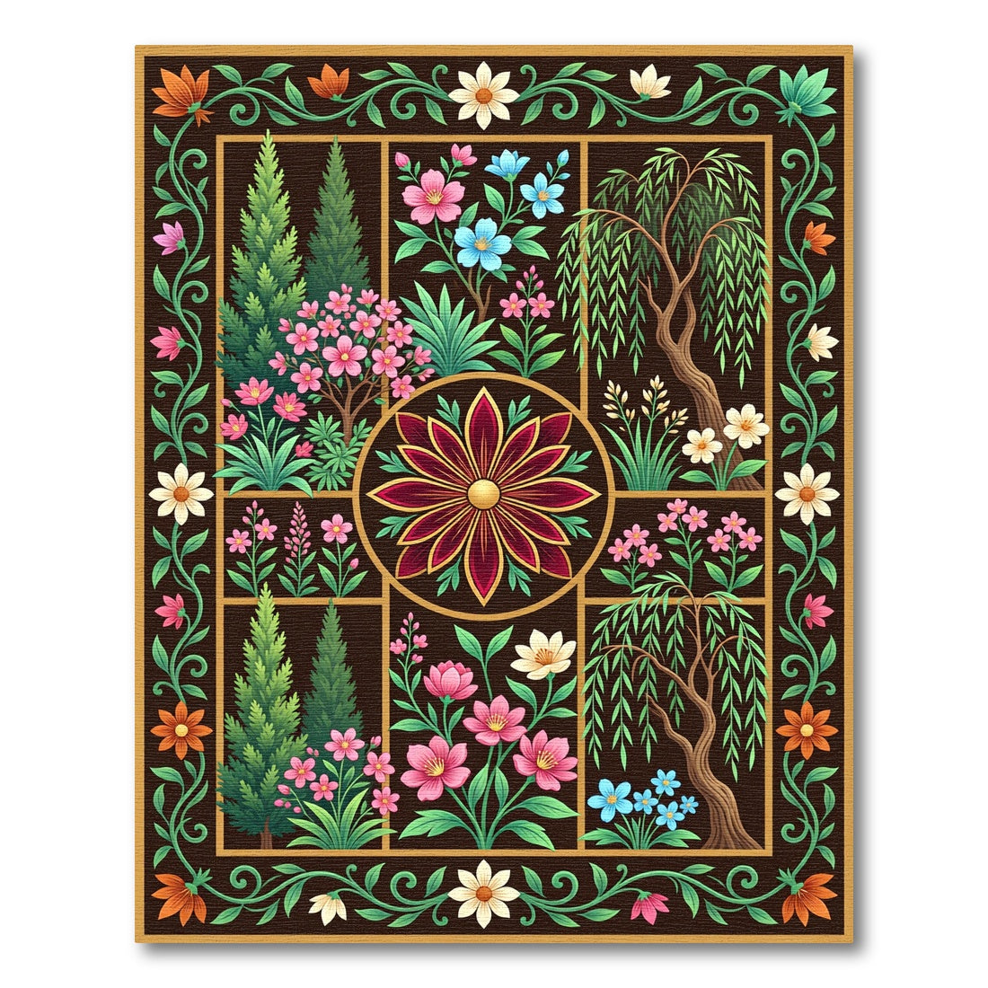Earthy Botanical Medallion Garden Tile Rug