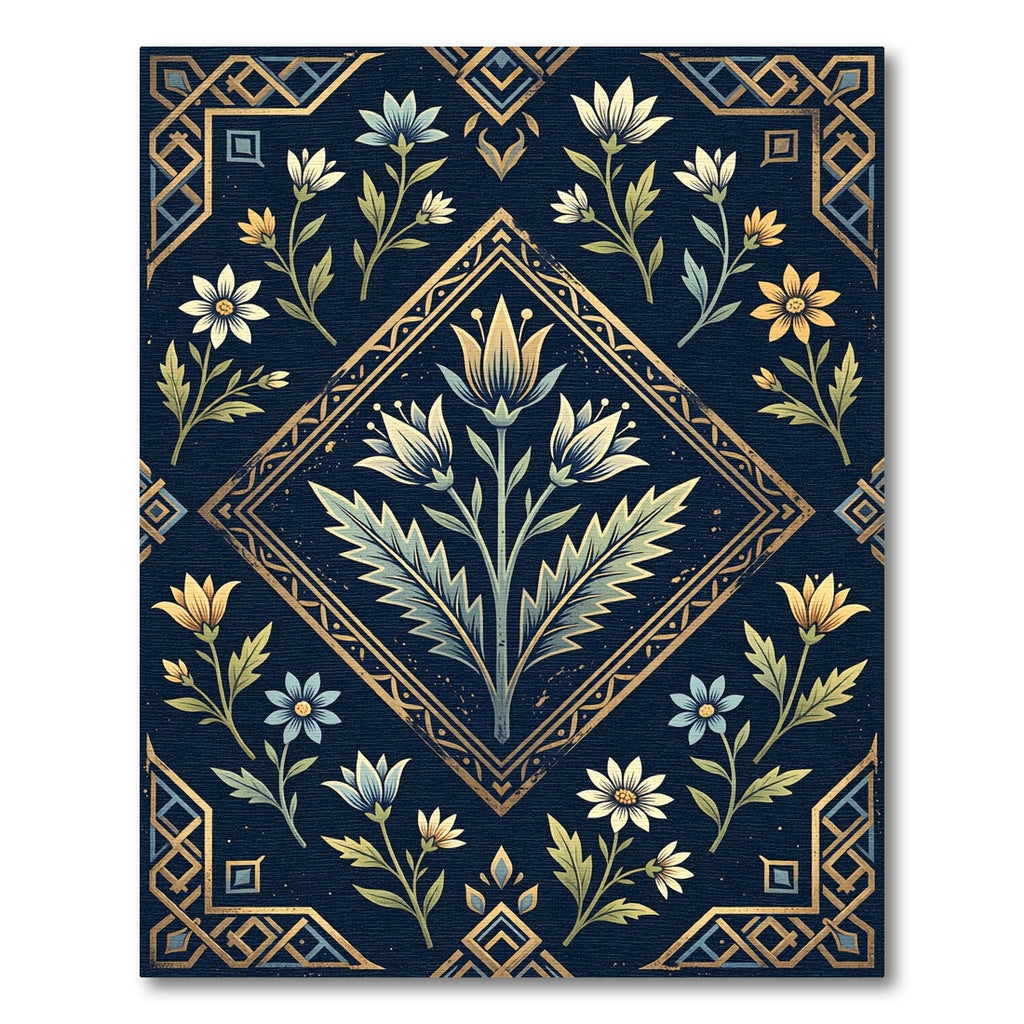 Navy Gold Floral Diamond Medallion Rug
