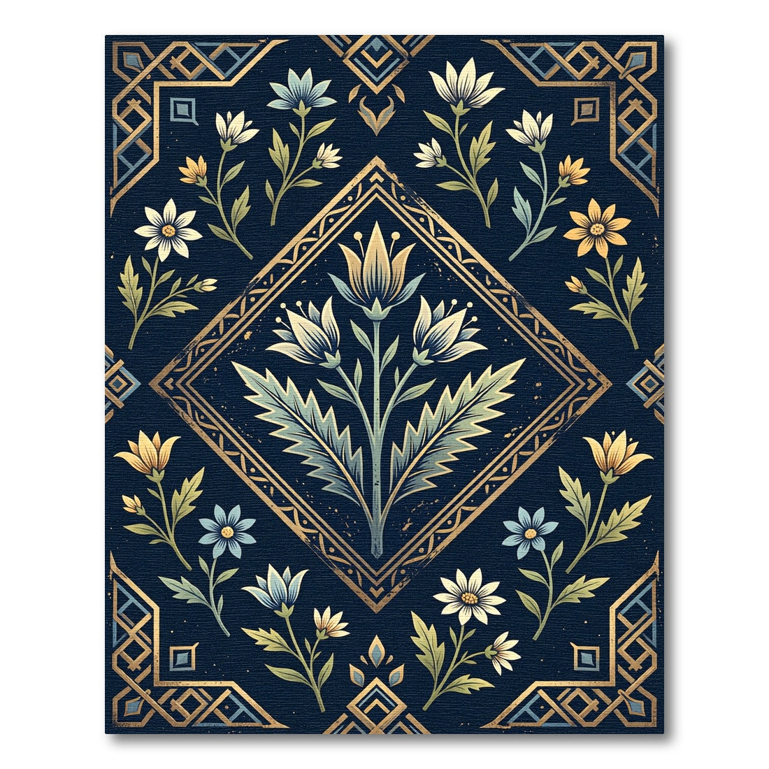 Navy Gold Floral Diamond Medallion Rug