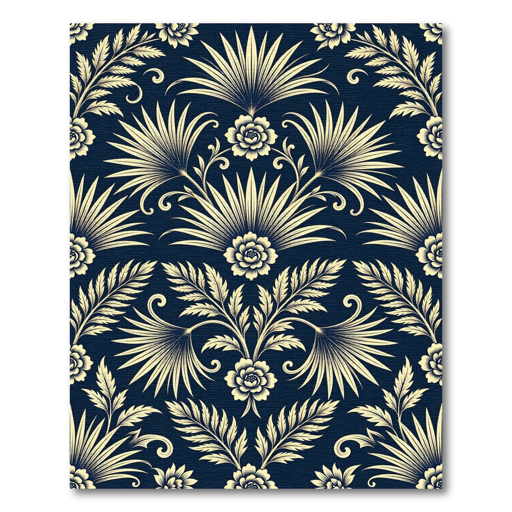 Elegant Navy and Cream Botanical Damask Rug