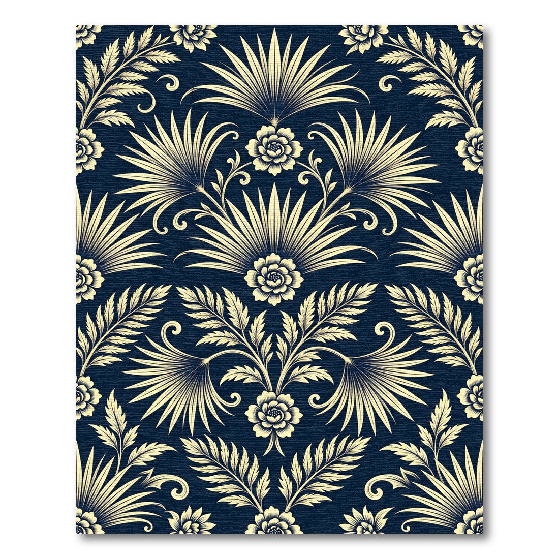 Elegant Navy and Cream Botanical Damask Rug