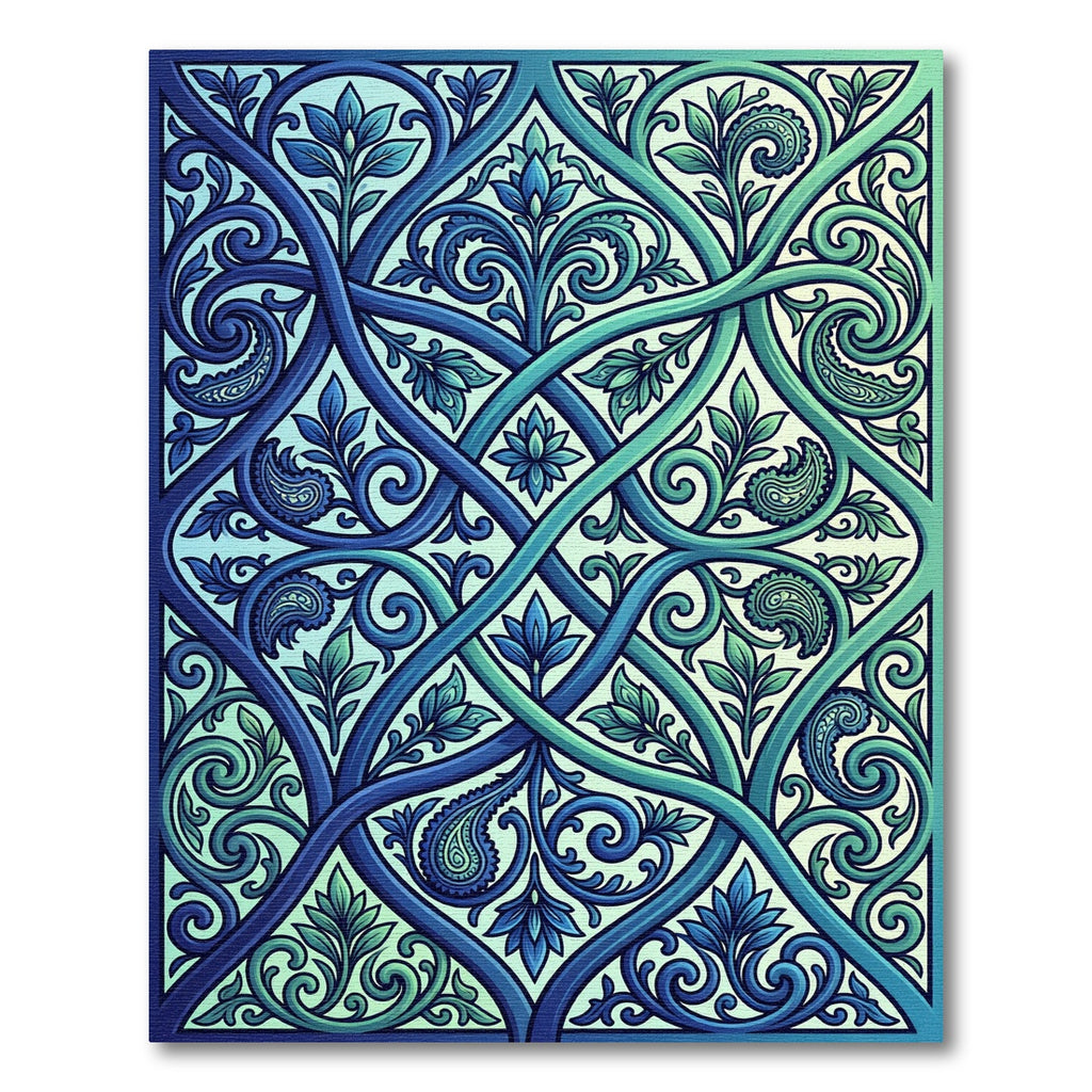 Ethereal Blue Teal Intertwined Leaf Scroll Rug