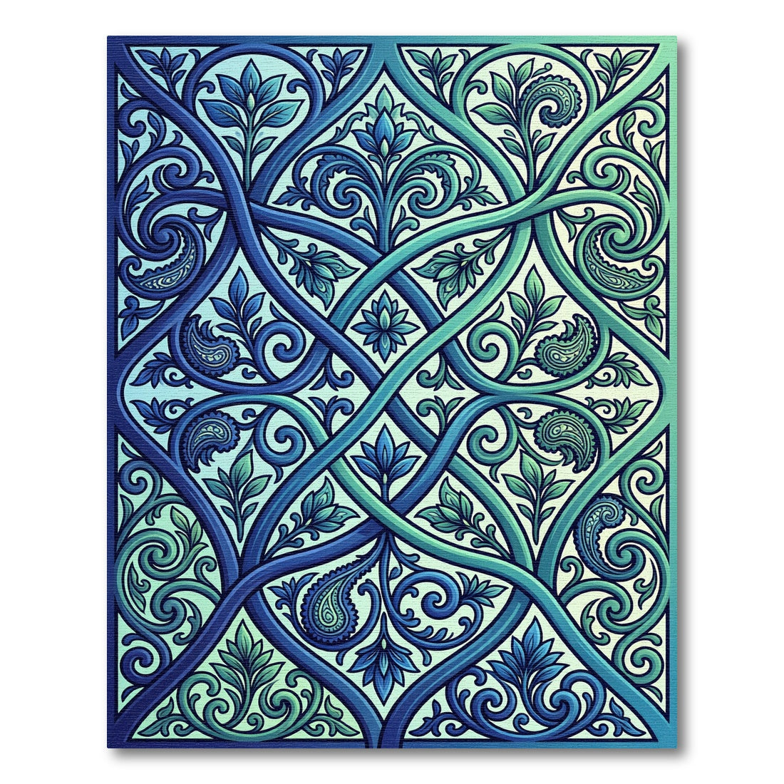 Ethereal Blue Teal Intertwined Leaf Scroll Rug