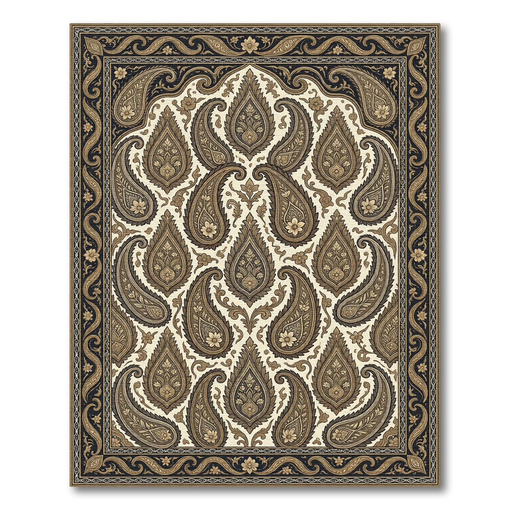 Intricate Golden Paisley Floral Border Rug