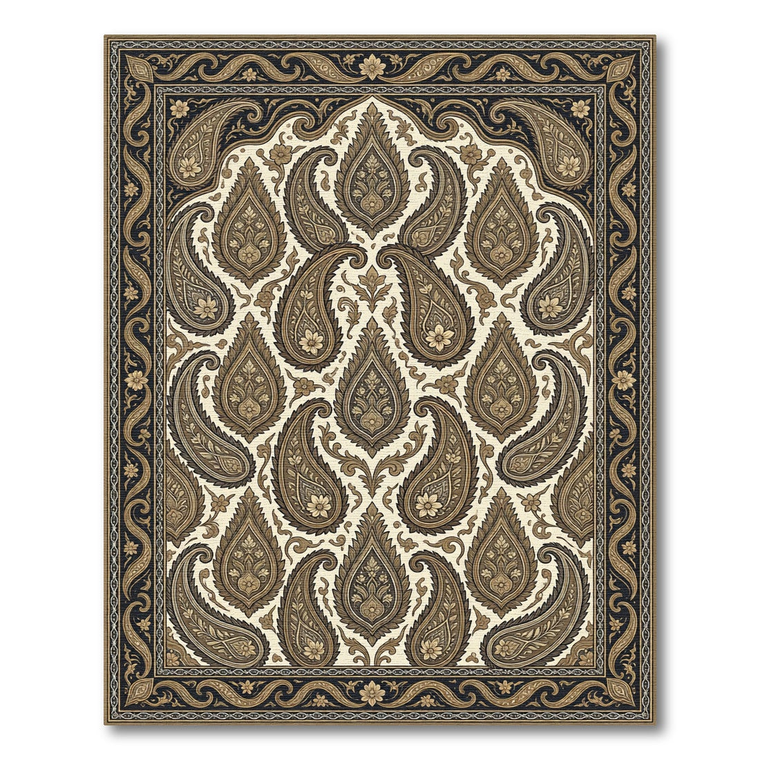 Intricate Golden Paisley Floral Border Rug
