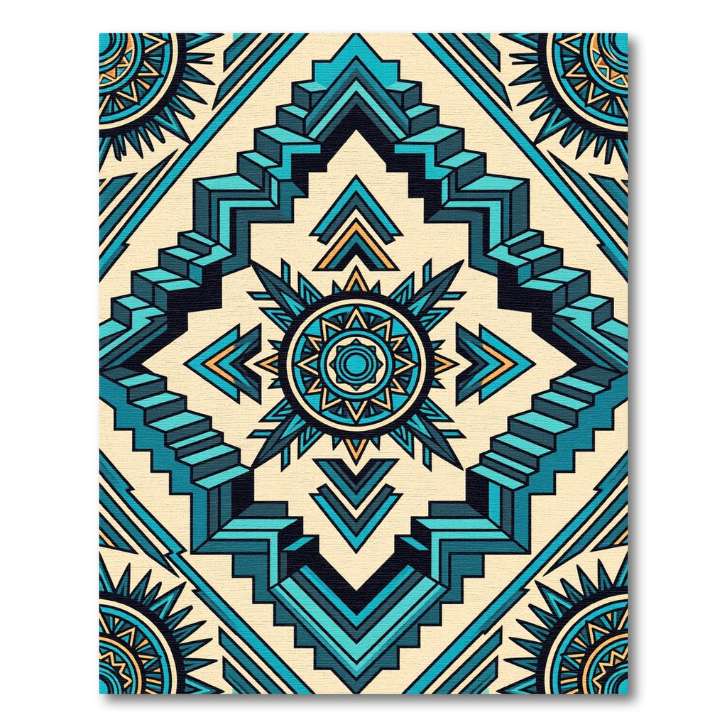 Teal Geometric Aztec Step Medallion Rug