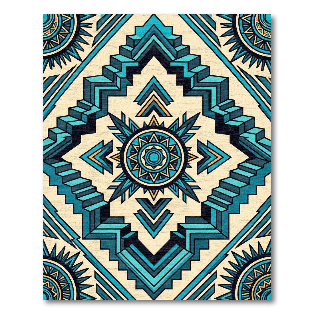 Teal Geometric Aztec Step Medallion Rug