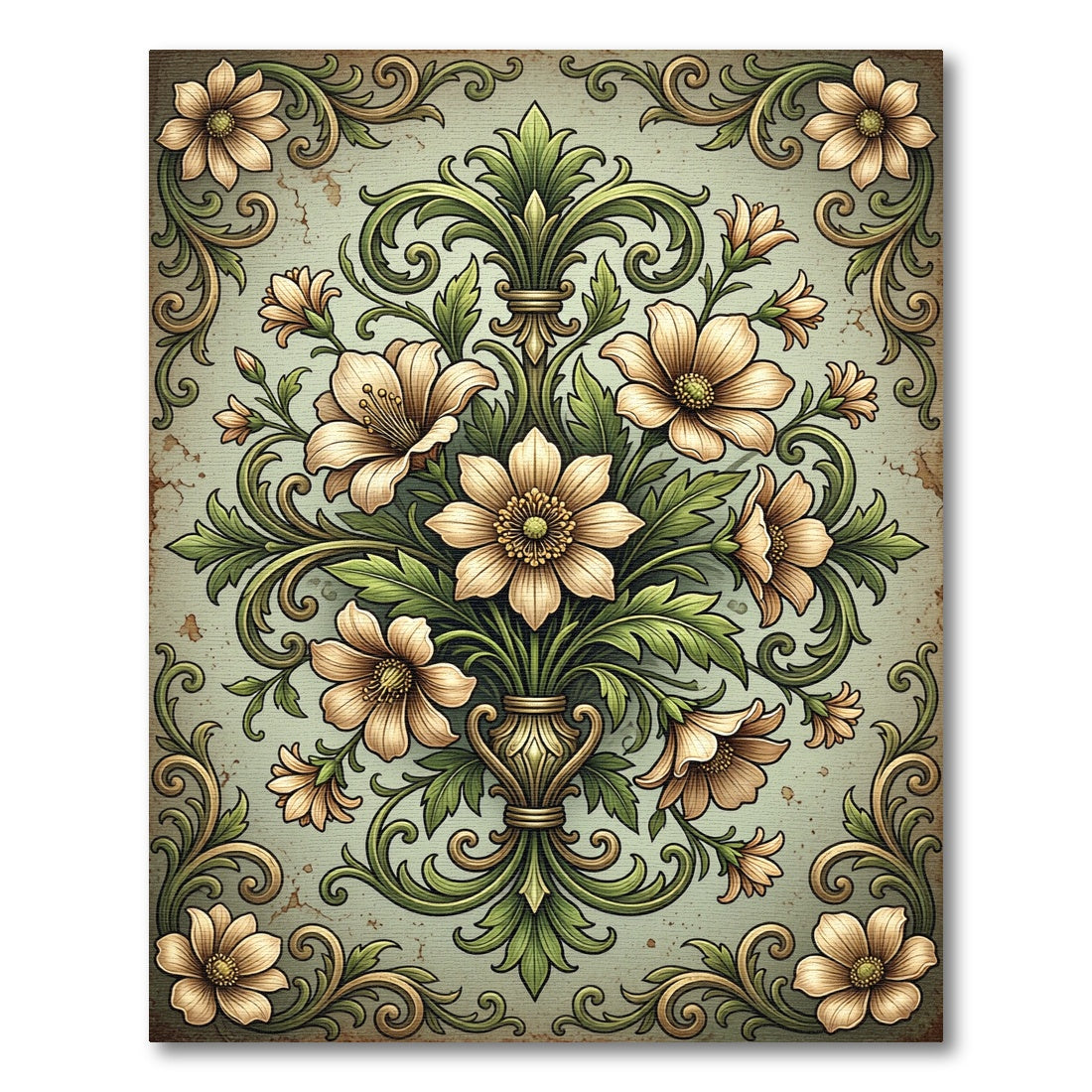 Elegant Sage Floral Scroll Damask Rug