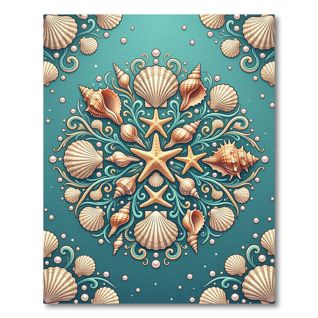 Teal Coastal Seashell Mandala Illustration Rug