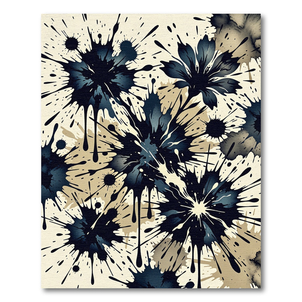 Dark Blue Ink Splatter Floral Rug