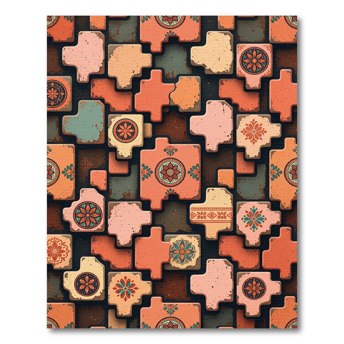 Terracotta Floral Medallion Tile Arrangement Rug