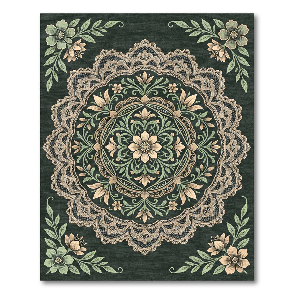Intricate Sage and Cream Lace Medallion Rug