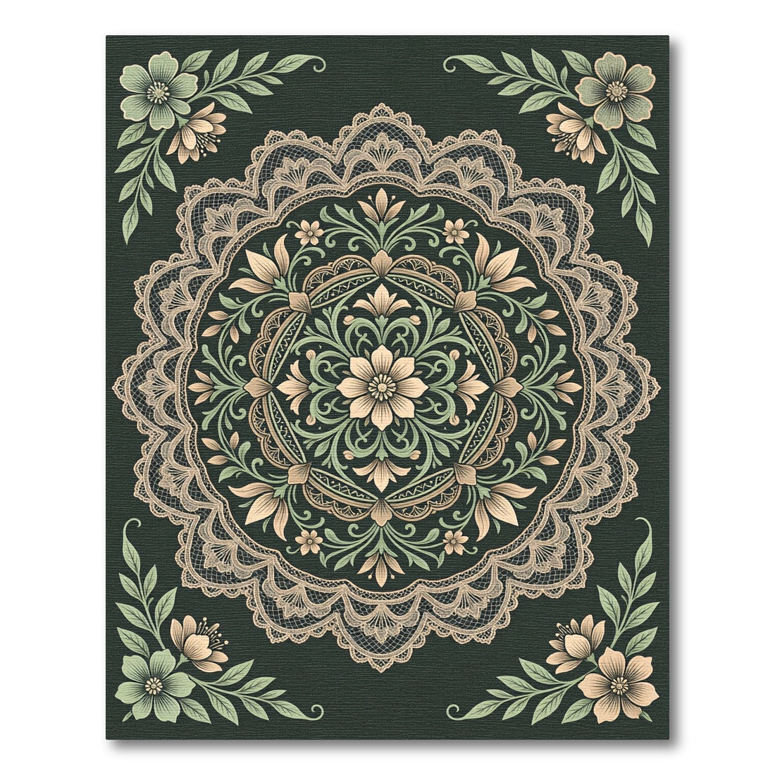 Intricate Sage and Cream Lace Medallion Rug