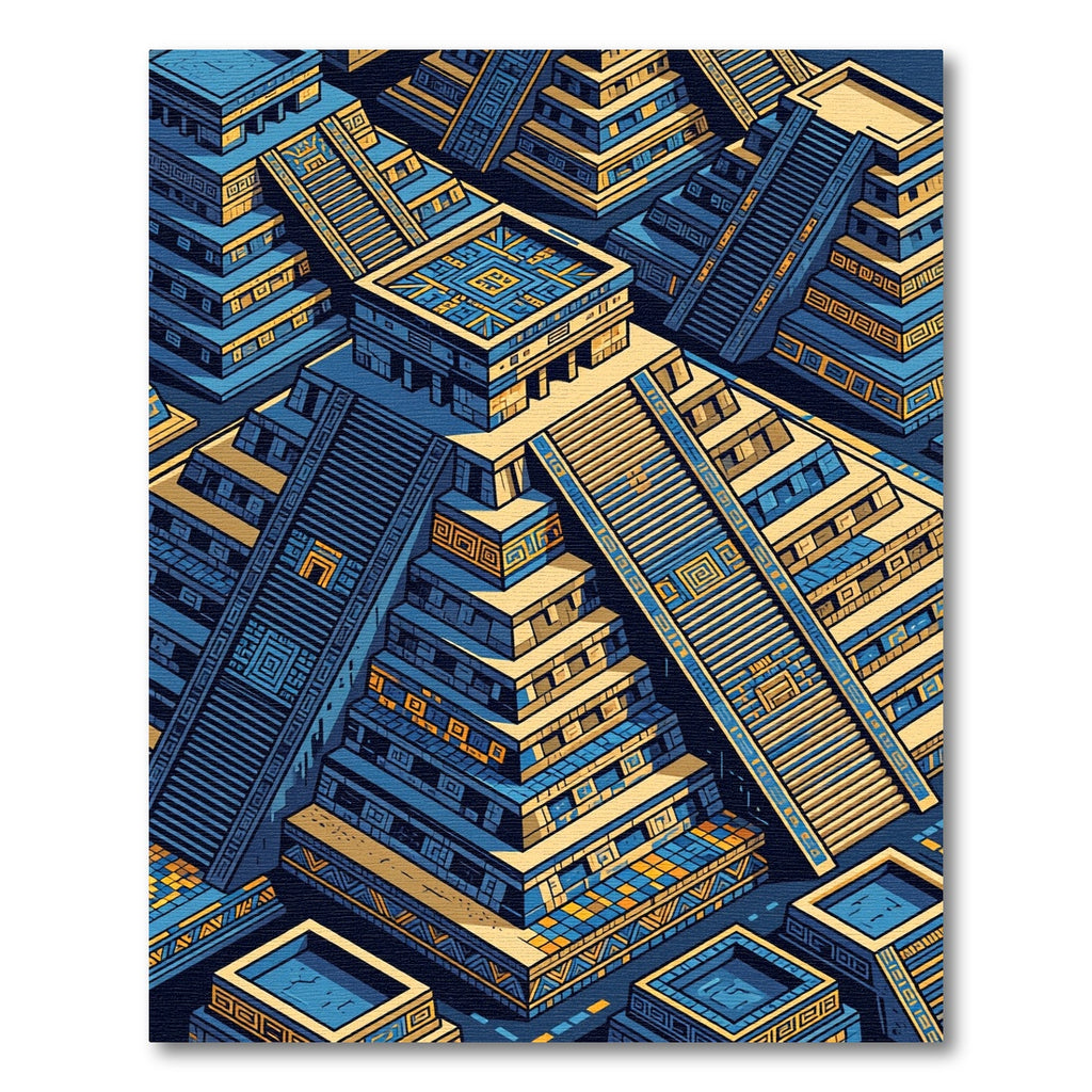 Golden Aztec Pyramid Geometric Indigo Tile Rug